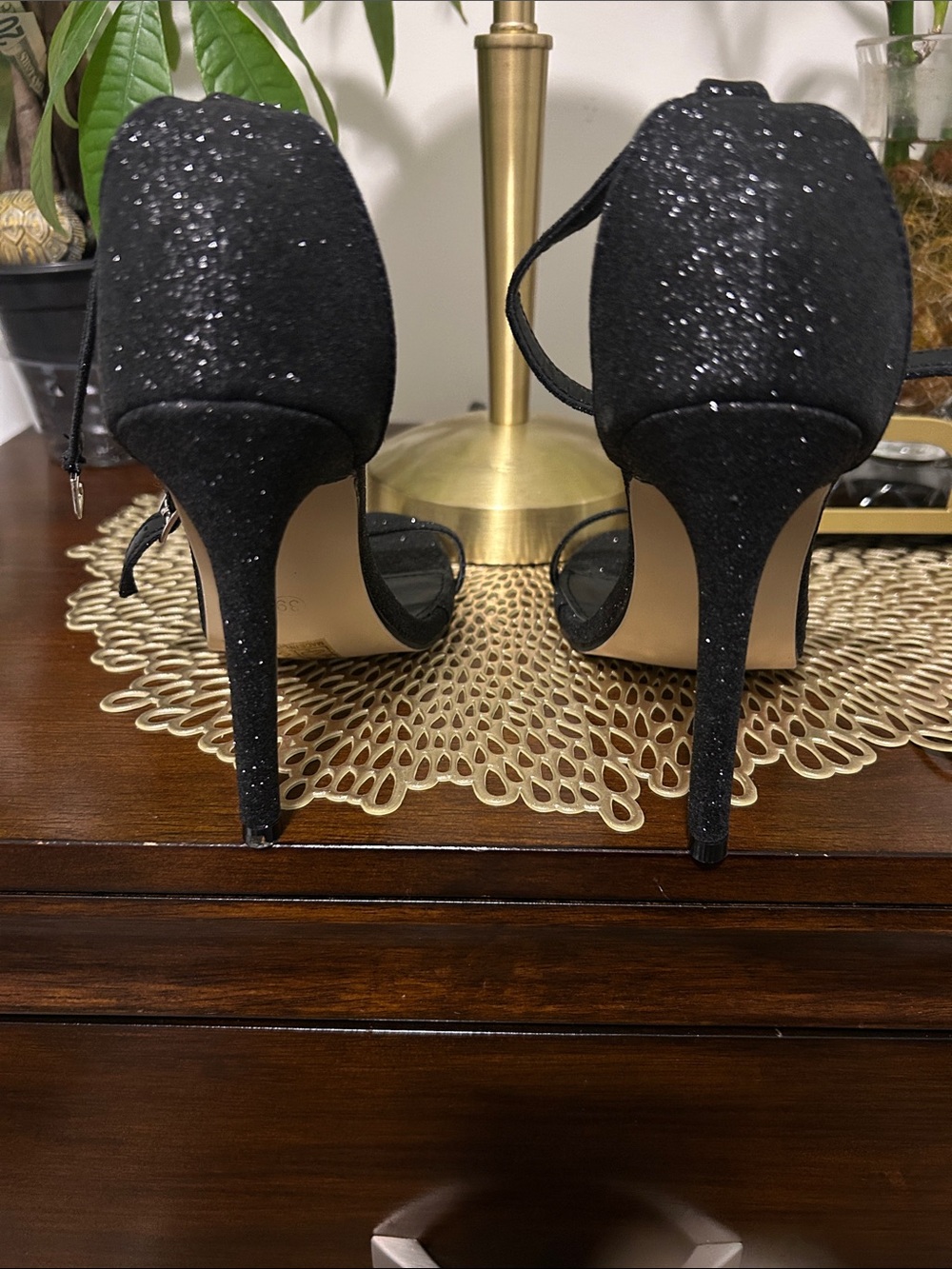 Sparkle T-Strap High Heel Sandals - Black - Picture 3 of 3
